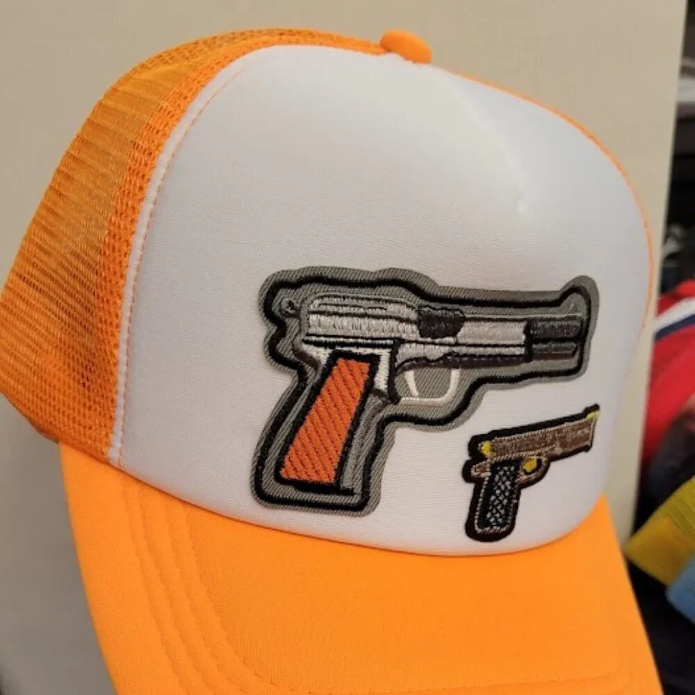 Orange Trucker Hat w Applique Patch Guns